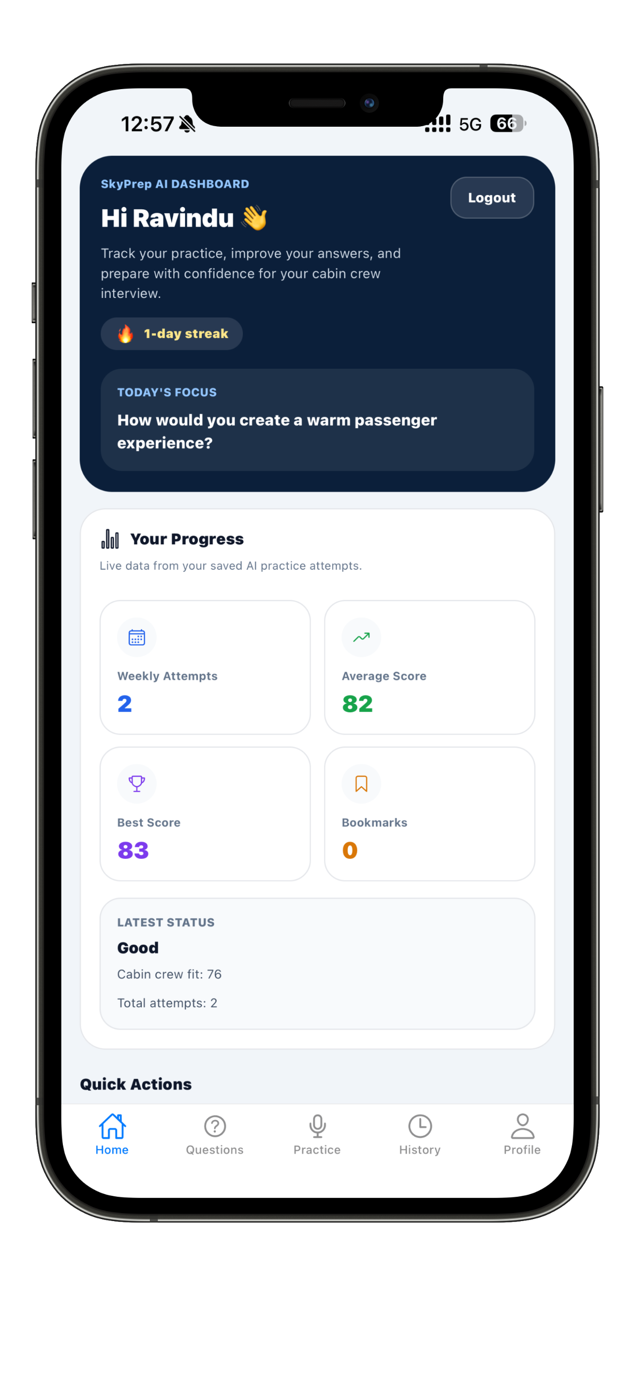 Dashboard with streak and progress in SkyPrep AI