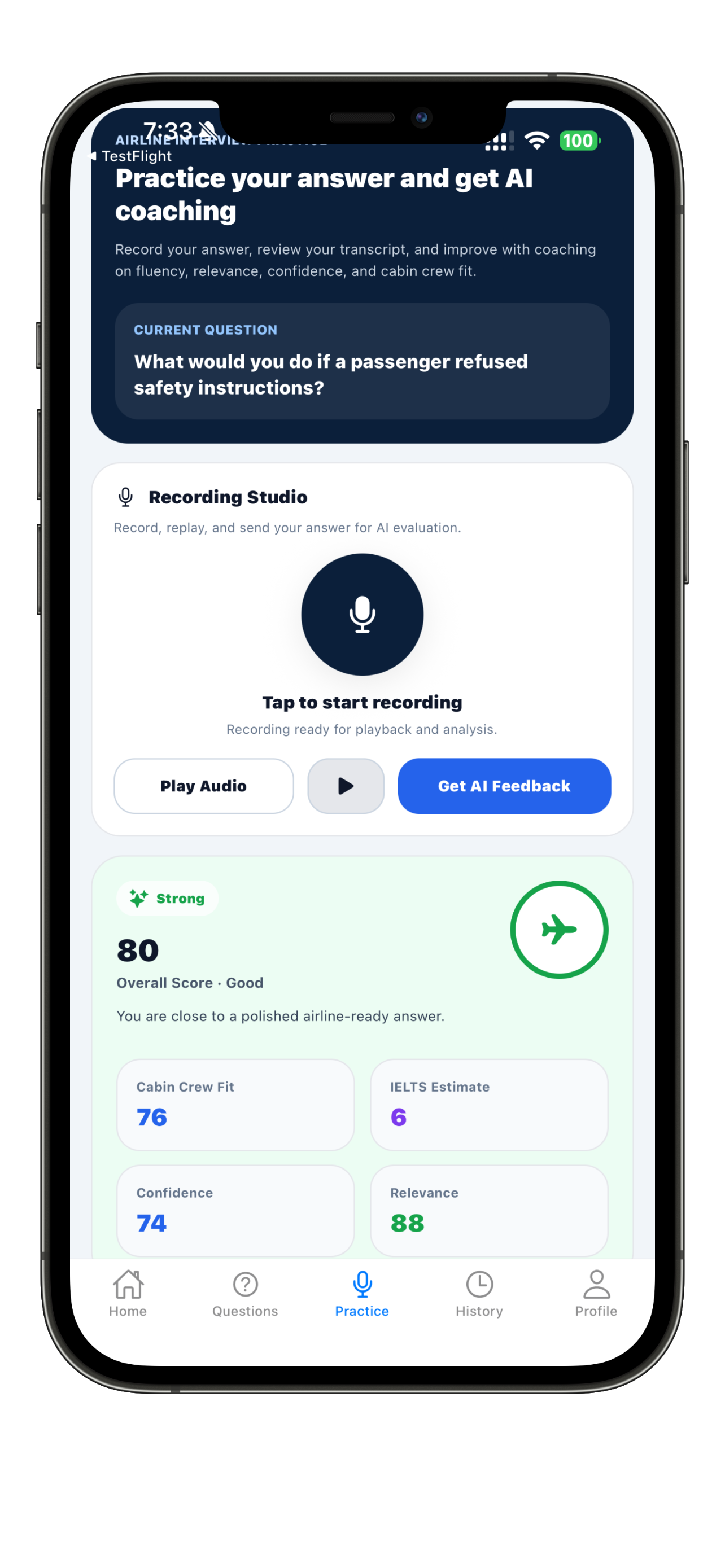 AI feedback score card in SkyPrep AI