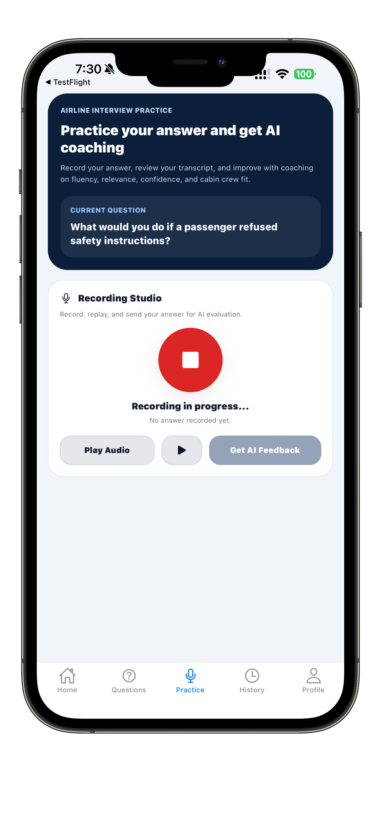 Recording your cabin crew interview answer in SkyPrep AI